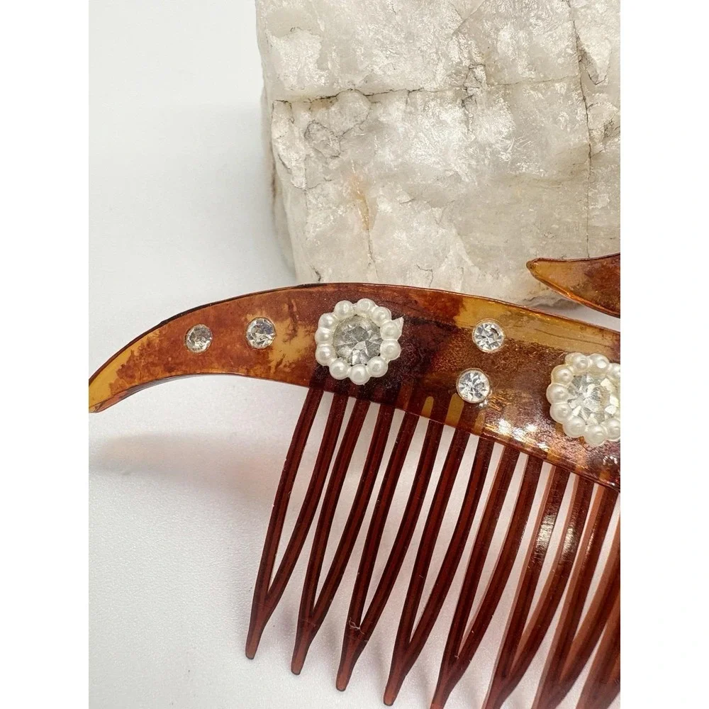 Vintage 1920s Celluloid Art‎ Deco Hair Comb Faux Tortoise Shell Rhinestone USA
